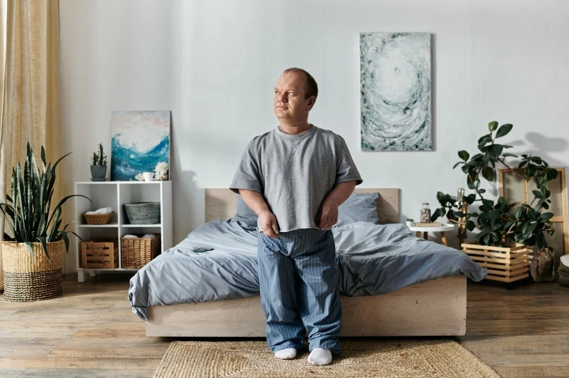 Disabled man standing in bedroom